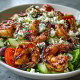 Colorful Greek Shrimp Bowl topped with briny Kalamata olives and zesty lemon dressing.