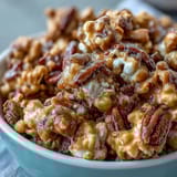 Sweet and salty popcorn mix with peanuts and caramel, perfect for baseball season snacking or game day gatherings.