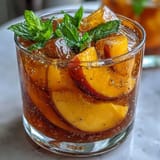 Refreshing mango peach sparkling tea served over ice, garnished with mint and fruit slices for a perfect summer sip.