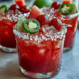 Refreshing mocktail showcasing watermelon and jalapeño, perfect for a festive party.
