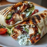 Close-up of Tzatziki Chicken Wraps overflowing with fresh ingredients.