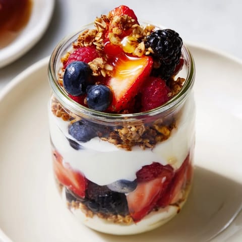 Vibrant berry parfait layers showcased in clear glasses, ready for a delicious breakfast.