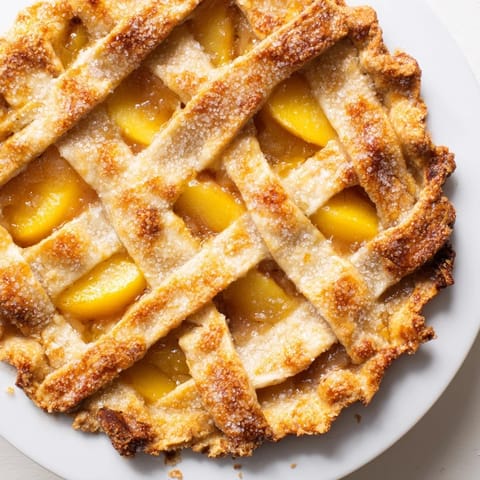 Golden, flaky Peach Pie, bubbling with sweet, juicy peaches, ready to serve with ice cream.
