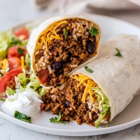 Mouthwatering image of a tightly wrapped beef burrito, filled with rice, beans, and fresh toppings.
