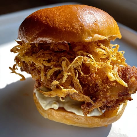 A close-up of the Crispy Onion Chicken Sandwich with creamy aioli dripping from a toasted brioche bun.