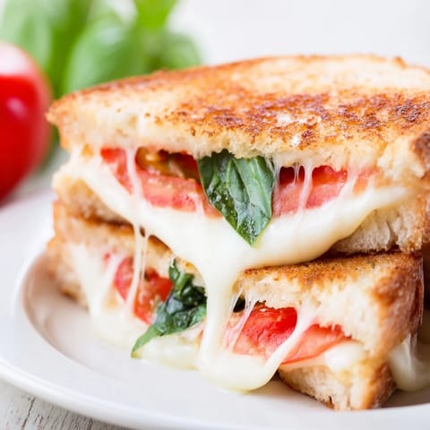 Sizzling Tomato Basil Grilled Cheese in a skillet, featuring crispy buttery bread filled with juicy tomatoes and aromatic basil.