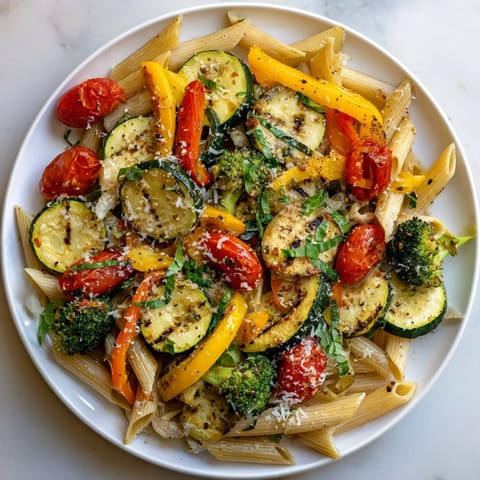 Pasta Primavera served in a white bowl, featuring al dente penne with vibrant roasted summer vegetables, a sprinkle of Parmesan, and a lemon wedge on the side.