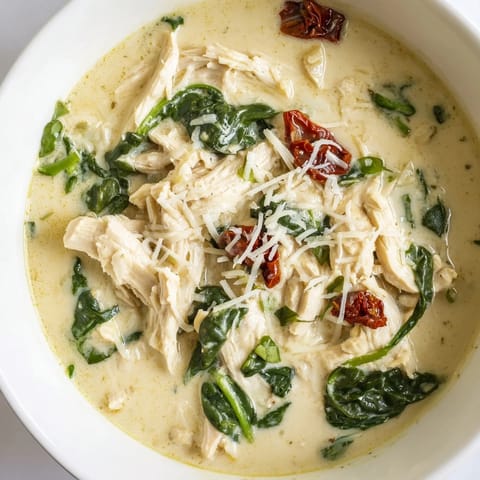 Creamy Tuscan Chicken Soup steaming in a rustic bowl, topped with grated Parmesan, wilted spinach, and golden sun-dried tomatoes.