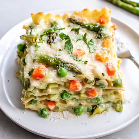 Freshly baked Spring Veggie Alfredo Lasagna with melted mozzarella and golden, bubbly edges from the oven.