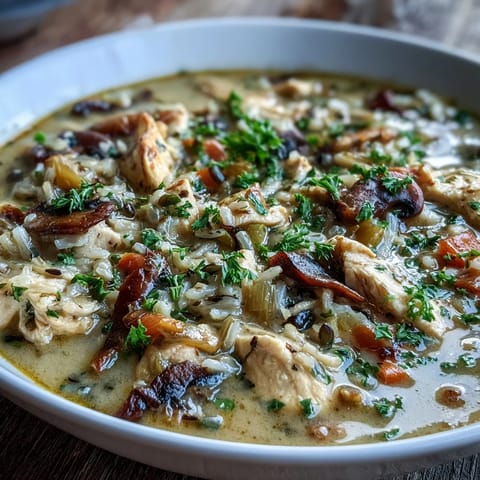 A warm bowl of creamy Parmesan Mushroom Chicken and Wild Rice Soup, garnished with fresh parsley and extra Parmesan, with tender chicken and mushrooms visible.