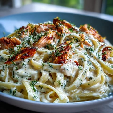 Creamy Salmon Pasta with hot-smoked salmon and fresh dill served over fettuccine.