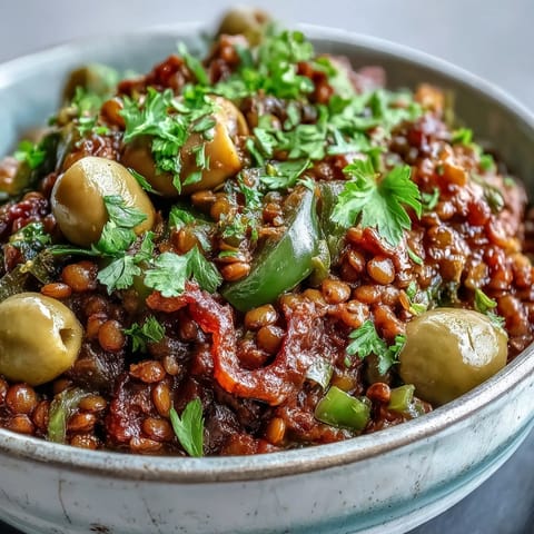 Homemade Cuban-Inspired Lentil Picadillo simmered with cumin and smoked paprika, ready to serve.