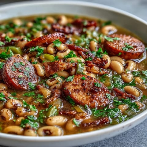 A close-up of Southern-Style Black-Eyed Peas simmering in a cast-iron pot, garnished with fresh parsley.  