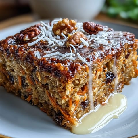 Golden-brown Carrot Cake Baked Oatmeal fresh from the oven, studded with grated carrots and optional walnuts.