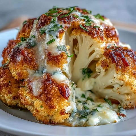 Golden-baked Cheesy Stuffed Cauliflower Head with bubbling cheddar topping on a rustic serving platter.