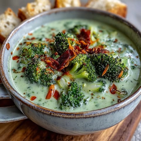 A ladle pours rich Broccoli Cheddar Soup alongside a slice of crusty artisan bread, perfect for a cozy lunch. 