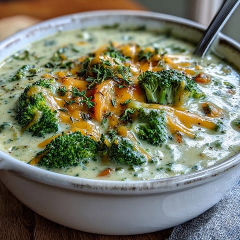 Golden roasted broccoli florets blend into a creamy cheddar soup garnished with fresh herbs.