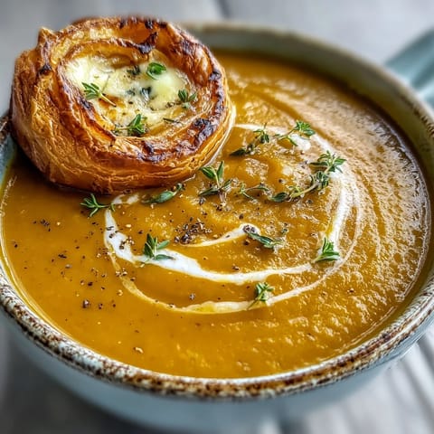 A bowl of velvety Broccoli and Butternut Squash Soup, garnished with fresh thyme alongside a warm, cheese-filled pastry. 