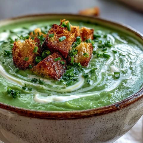 Steaming bowl of homemade cream of broccoli soup with vibrant green florets and a swirl of cream.