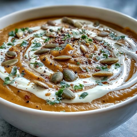 Smooth, creamy Roasted Broccoli and Butternut Squash Soup with vibrant green garnishes, served in a rustic ceramic bowl.