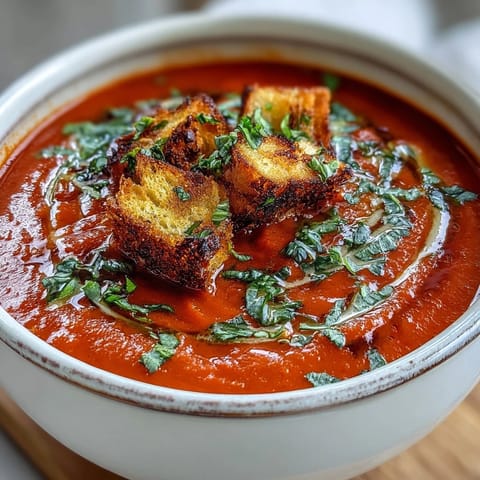 Creamy roasted tomato basil soup garnished with fresh basil and a swirl of cream.