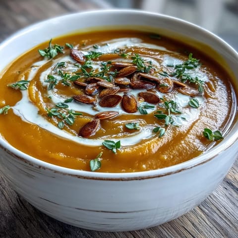 Butternut Squash and Apple Soup in a white bowl, topped with toasted pumpkin seeds and a cream swirl.
