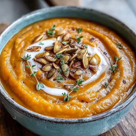 Creamy, golden Easy Roasted Butternut Squash Soup garnished with pumpkin seeds and thyme.