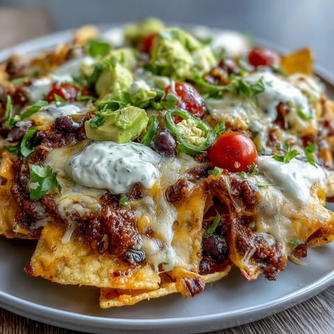 Golden, crispy Baked Nachos topped with melted Monterey Jack, black olives, and fresh avocado, ready to share.