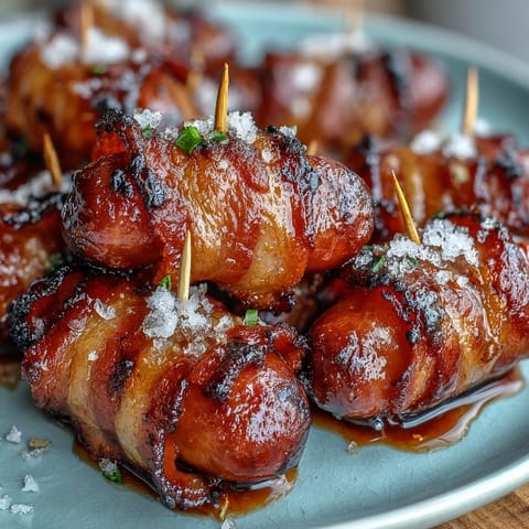 A close-up of Bacon-Wrapped Smokies showing crispy, crinkled bacon edges and juicy sausage centers on a white serving platter with toothpicks.