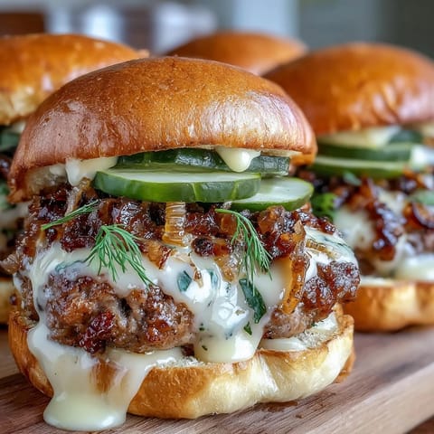 Twelve savory Touchdown Brat Sliders ready to serve at a lively game day party.