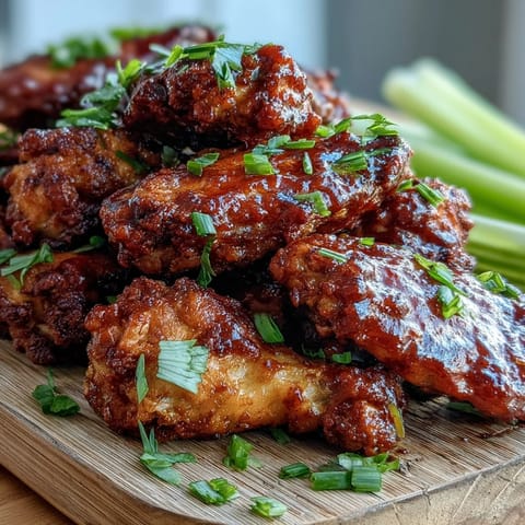 Freshly fried chicken wings glazed in Thai sweet chili sauce, garnished with sliced scallions on a platter.