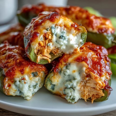 Golden-brown baked Buffalo Wing Poppers with bubbling spicy chicken filling and melted blue cheese.