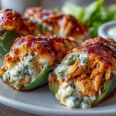 A close-up of jalapeño halves stuffed with shredded chicken and creamy cheese, perfect for game day.