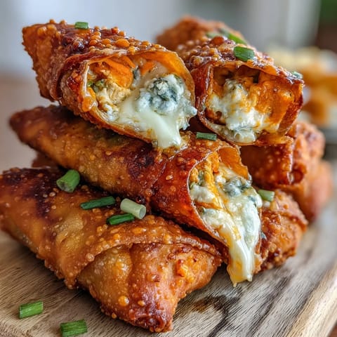 Spicy Buffalo Chicken Egg Rolls stacked high, showing melted cheese and crunchy veggies on a rustic board.