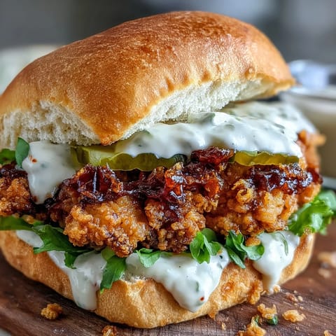 Crispy Spicy Chicken Sandwich with Creamy Homemade Sauce stacked on a toasted brioche bun with lettuce and pickles.