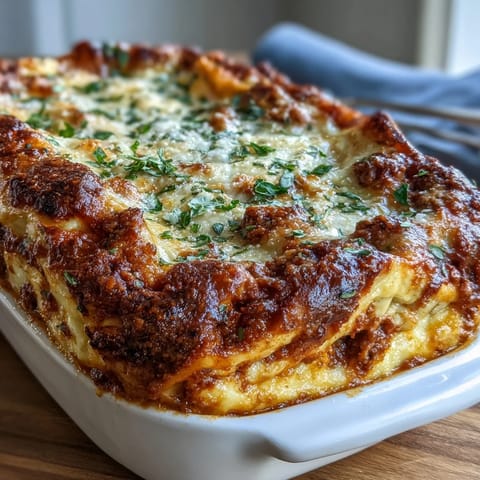 Freshly baked Worlds Best Lasagna with golden, bubbling mozzarella and Parmesan cheese, served in a white dish.