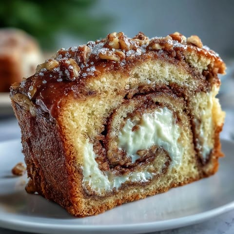 A thick slice of Cream Cheese Cinnamon Swirl Banana Bread reveals moist crumb and creamy filling on a rustic plate.