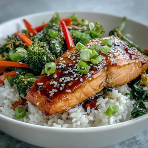 A vibrant Teriyaki Salmon Bowl garnished with sesame seeds and fresh green onions, ready to serve.