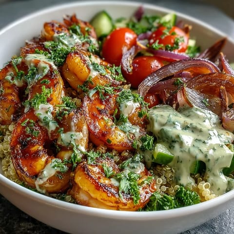 Fork-tender Mediterranean Shrimp Bowl with fluffy quinoa, crisp veggies, and a creamy lemon-tahini drizzle for a healthy dinner.