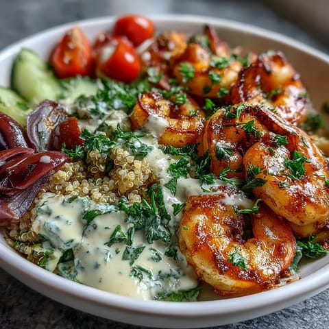Colorful Mediterranean Shrimp Bowl featuring juicy grilled shrimp, fresh spinach, cherry tomatoes, olives, and a zesty tahini sauce.