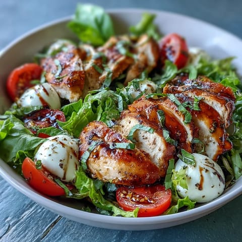 Sliced grilled chicken, fresh mozzarella, and tomatoes for a Caprese Chicken Bowl, drizzled with tangy balsamic glaze.