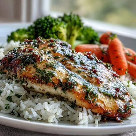 Golden herb-baked tilapia fillets rest on fluffy white rice with bright green broccoli and orange carrot slices.