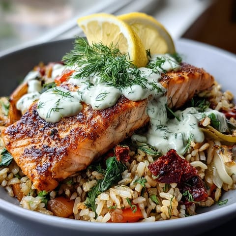Crispy Rice Salmon Bowl topped with flaky golden salmon, Mediterranean vegetables, and a lemon-yogurt drizzle.