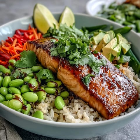 Fork-tender Soy Ginger Salmon Bowl garnished with sesame seeds and fresh green onions, ready to serve.