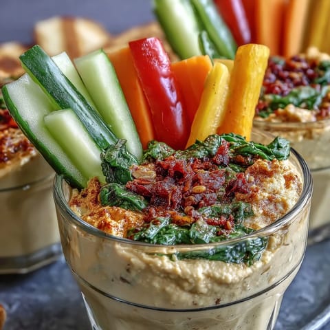 Vibrant vegetable sticks arranged in cups with smooth hummus—a colorful, protein-packed portable snack.