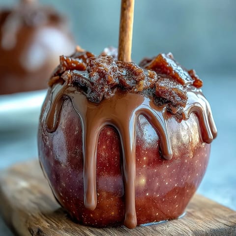 Vibrant red candy apples with glossy coating and delicate white chocolate drizzle.  