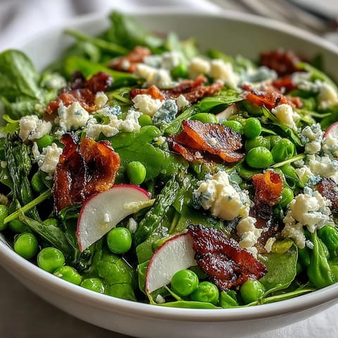 Vibrant Lemon Vinaigrette Spring Salad with Radishes and Peas - A colorful mix of fresh greens, snap peas, and radishes drizzled with bright lemon dressing, perfect for spring gatherings.