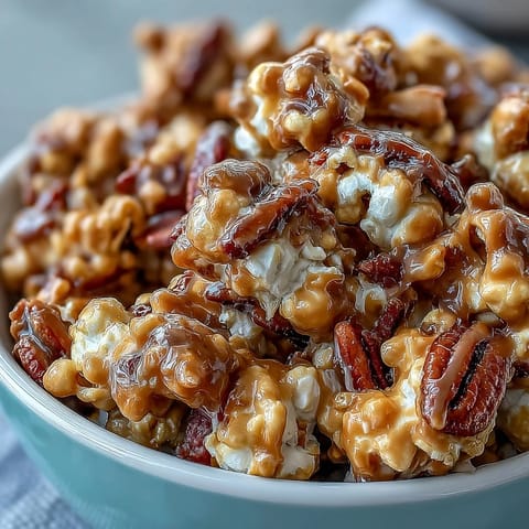 Sweet and salty popcorn mix with peanuts and caramel, perfect for baseball season snacking or game day gatherings.