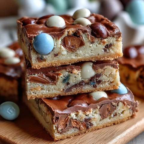 Colorful Easter cookie bars studded with Cadbury mini eggs and pastel M&Ms, offering a festive treat for spring dessert tables.  