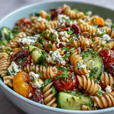Refreshing Easy Picnic Pasta Salad with Italian Dressing, tossed with crisp cucumbers, bell peppers, and zesty homemade dressing.
